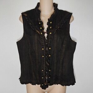 TRIBA Denim Vest‎ Dark Wash Ruffle Brass Button Front Sleeveless